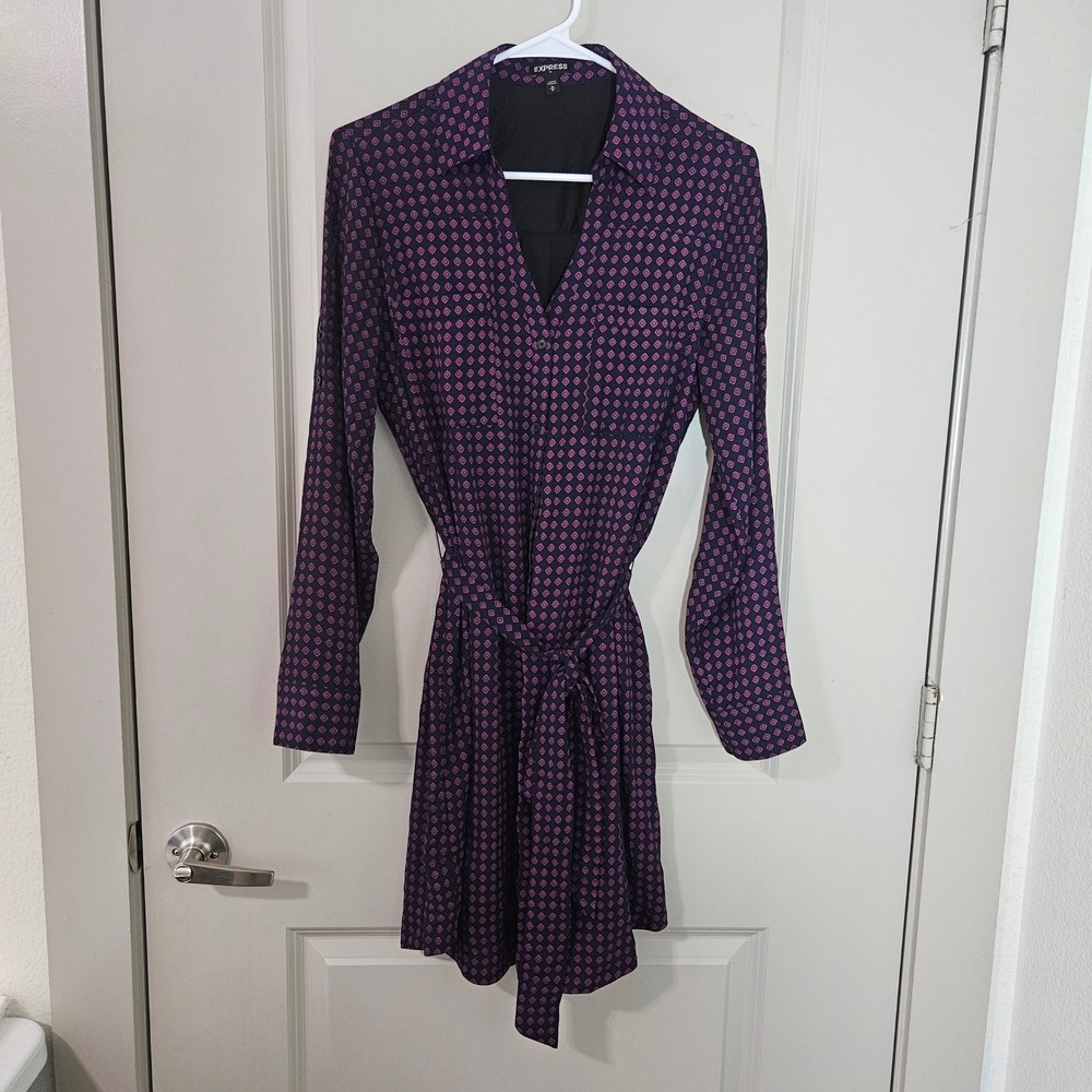 Express Purple Geometric Diamond Print Long Sleeve Belted Shirt Dress Womens M